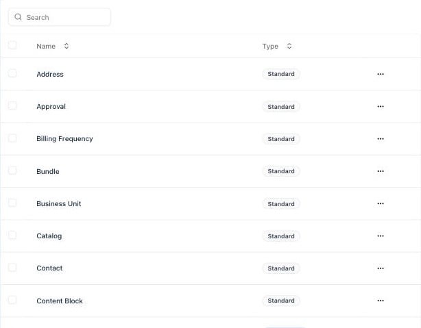 Settings › Data › Data Model object list with Standard and Manageable badges