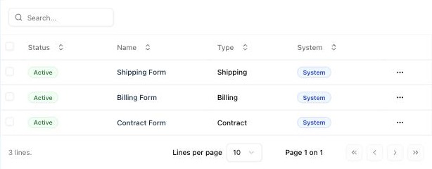 Form list with the Shipping, Billing, and Contract system forms