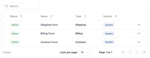 Form list with the Shipping, Billing, and Contract system forms