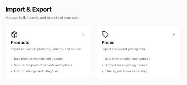 Settings › Data › Import & Export with the Products and Prices resources
