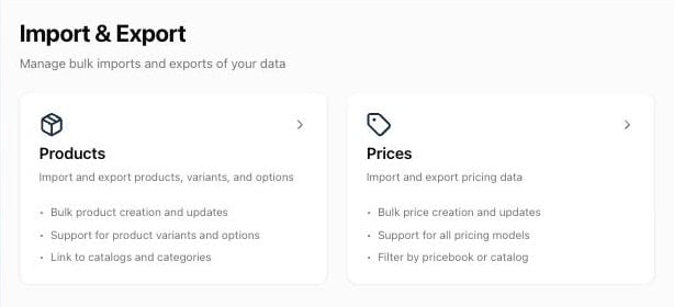 Settings › Data › Import & Export with the Products and Prices resources