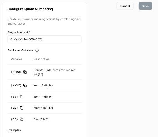 Configure Quote Numbering section with the numbering format field and the available variables