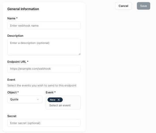 Formulaire de nouveau webhook avec les champs Nom, Description, URL du point de terminaison, Objet, Événement et Secret