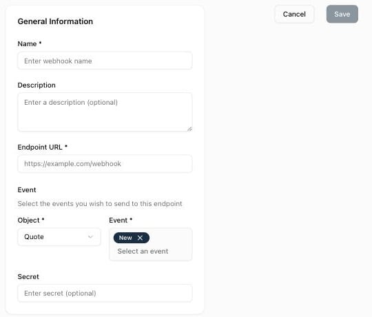 New webhook form with Name, Description, Endpoint URL, Object, Event, and Secret fields