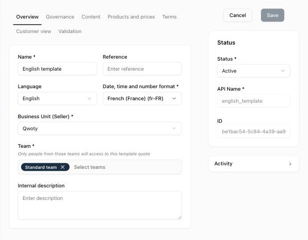 Overview tab of a template