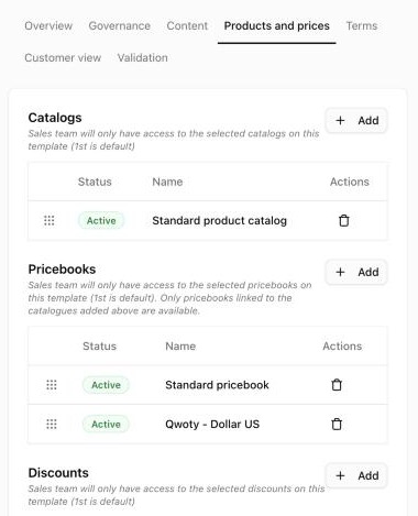 Products and prices tab with catalogs and pricebooks