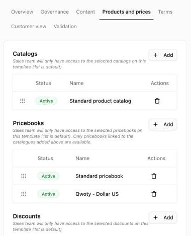 Products and prices tab with catalogs and pricebooks