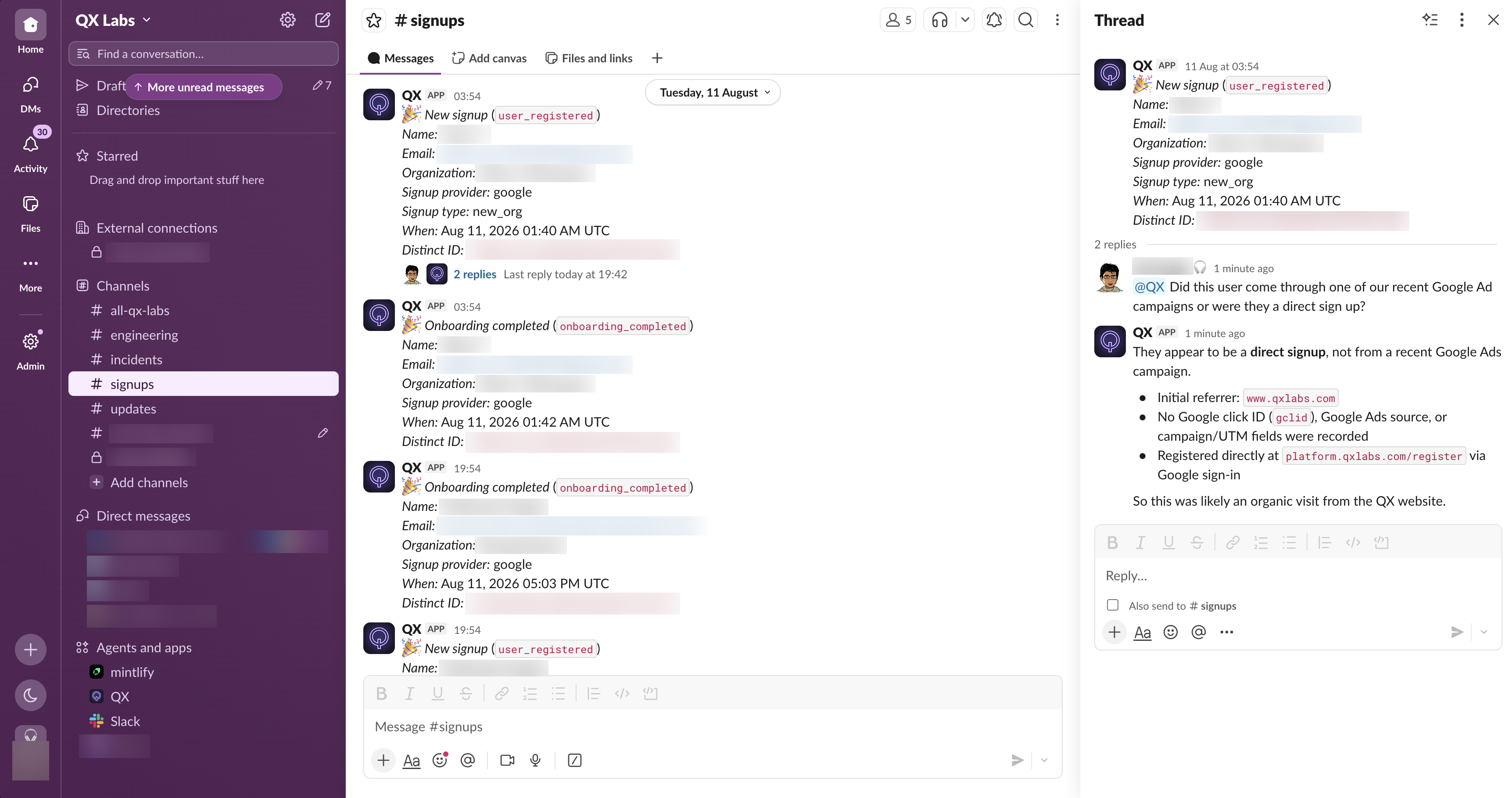 Chatting with a QX agent in Slack