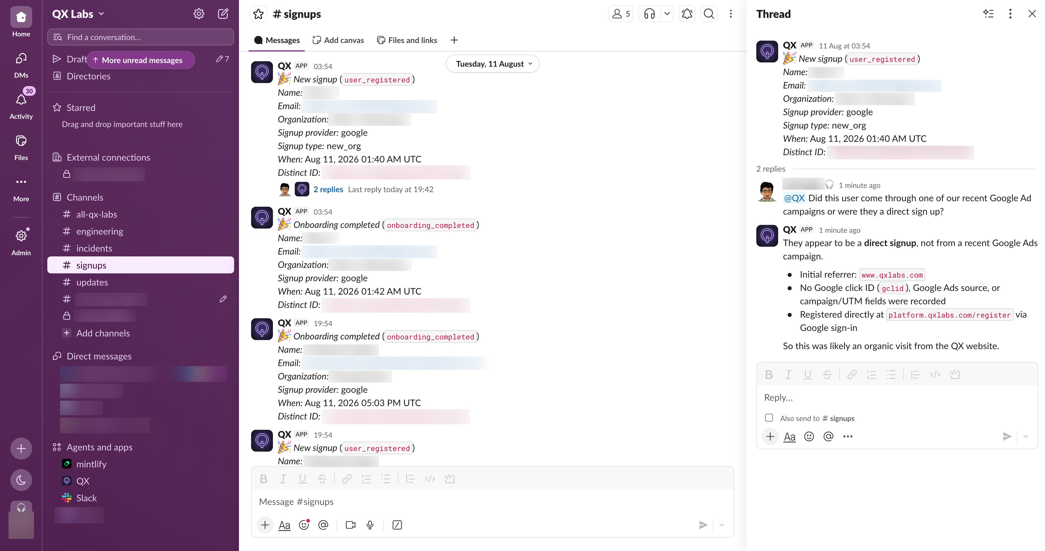 Chatting with a QX agent in Slack