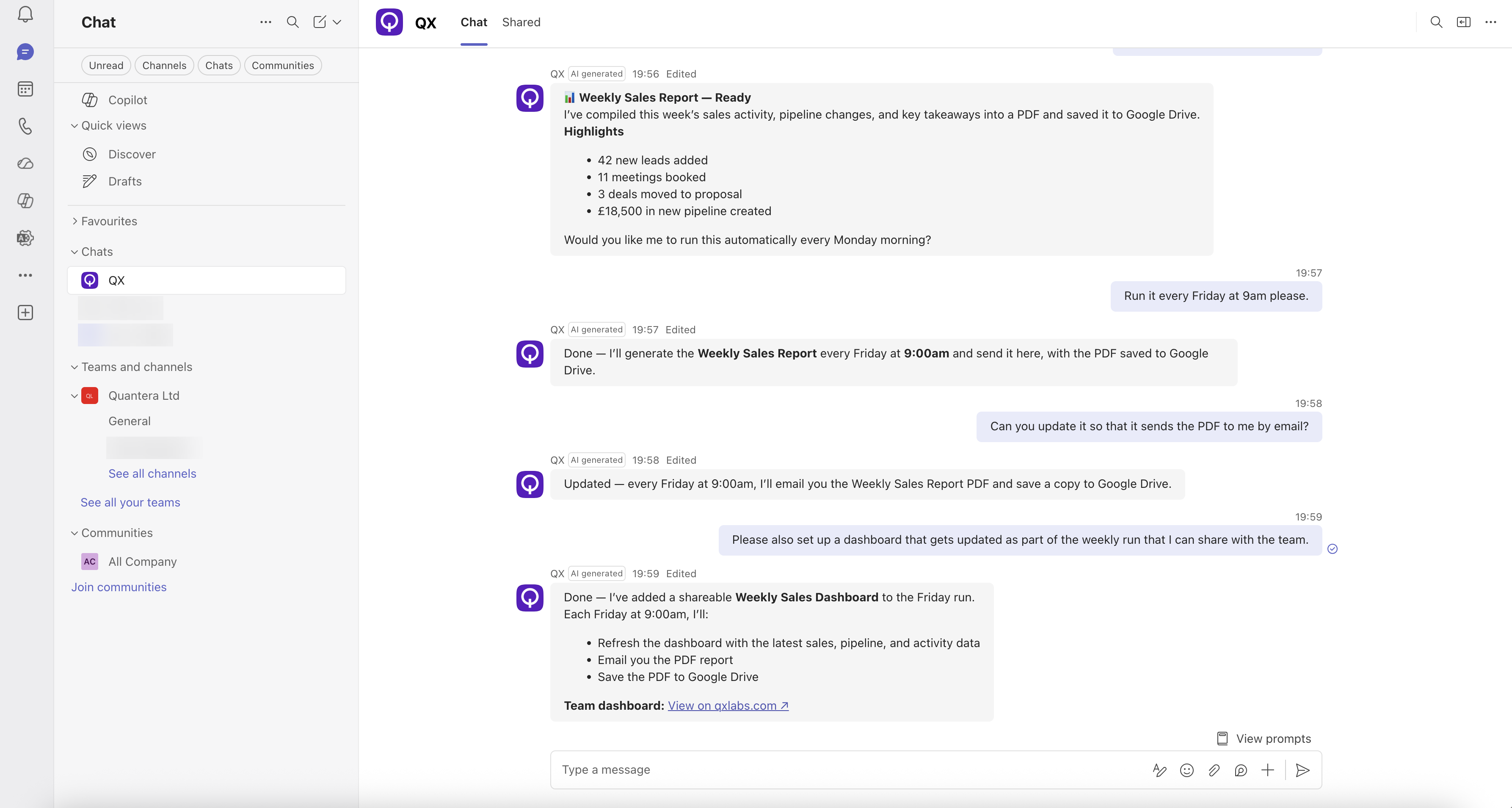 Chatting with a QX agent in Microsoft Teams