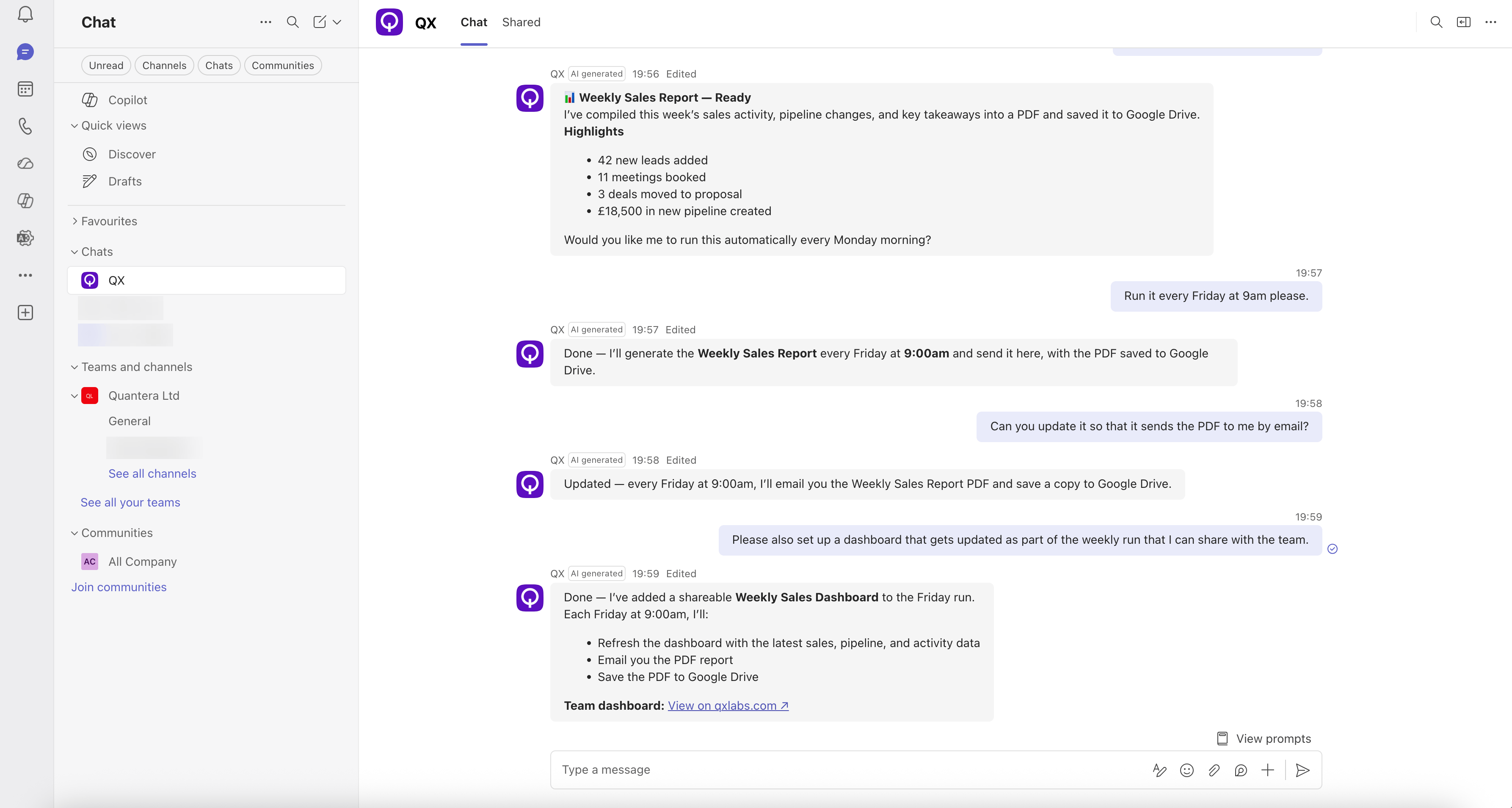 Chatting with a QX agent in Microsoft Teams