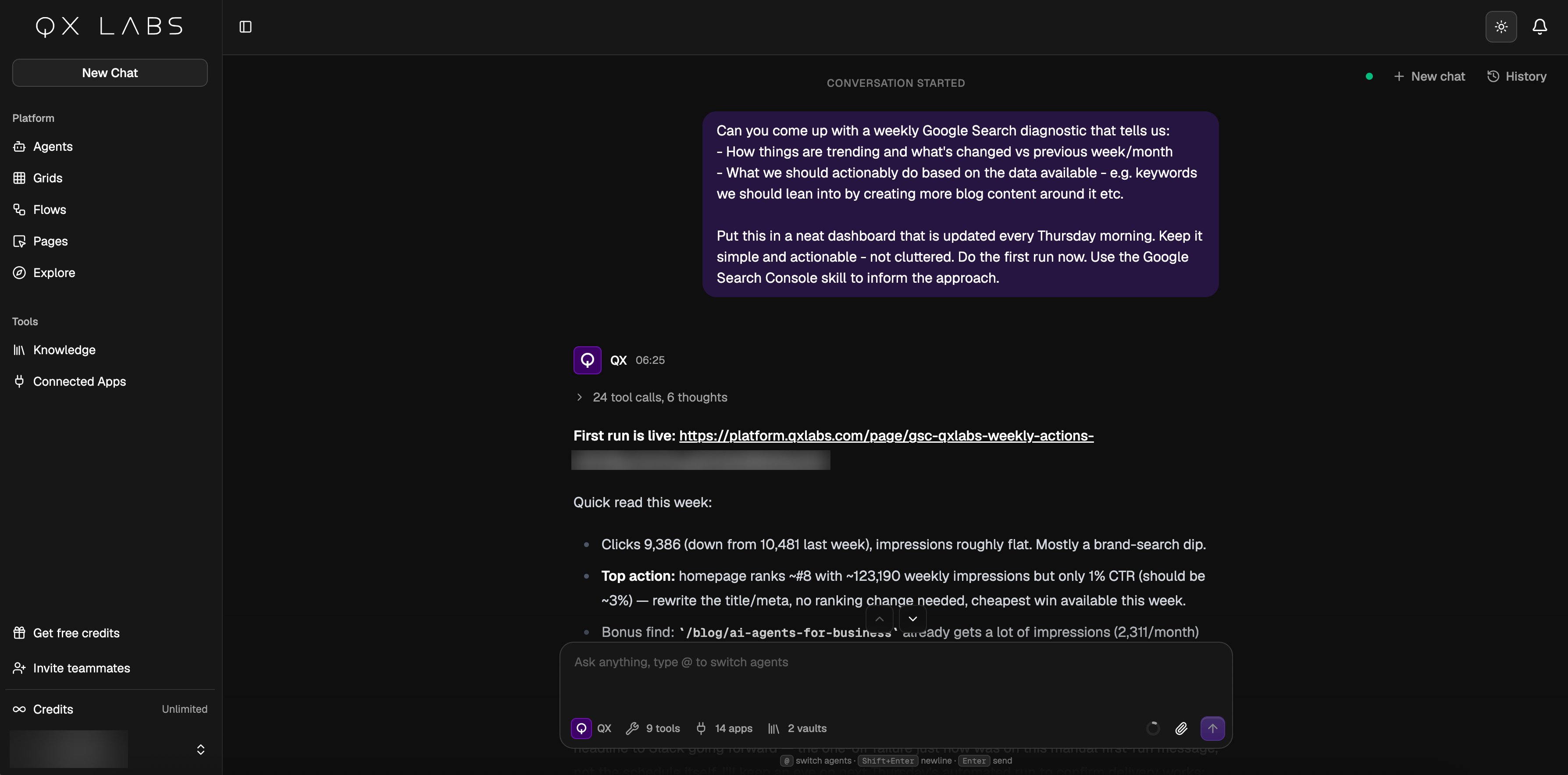 Asking the QX agent for a page in chat, with the link to the finished page