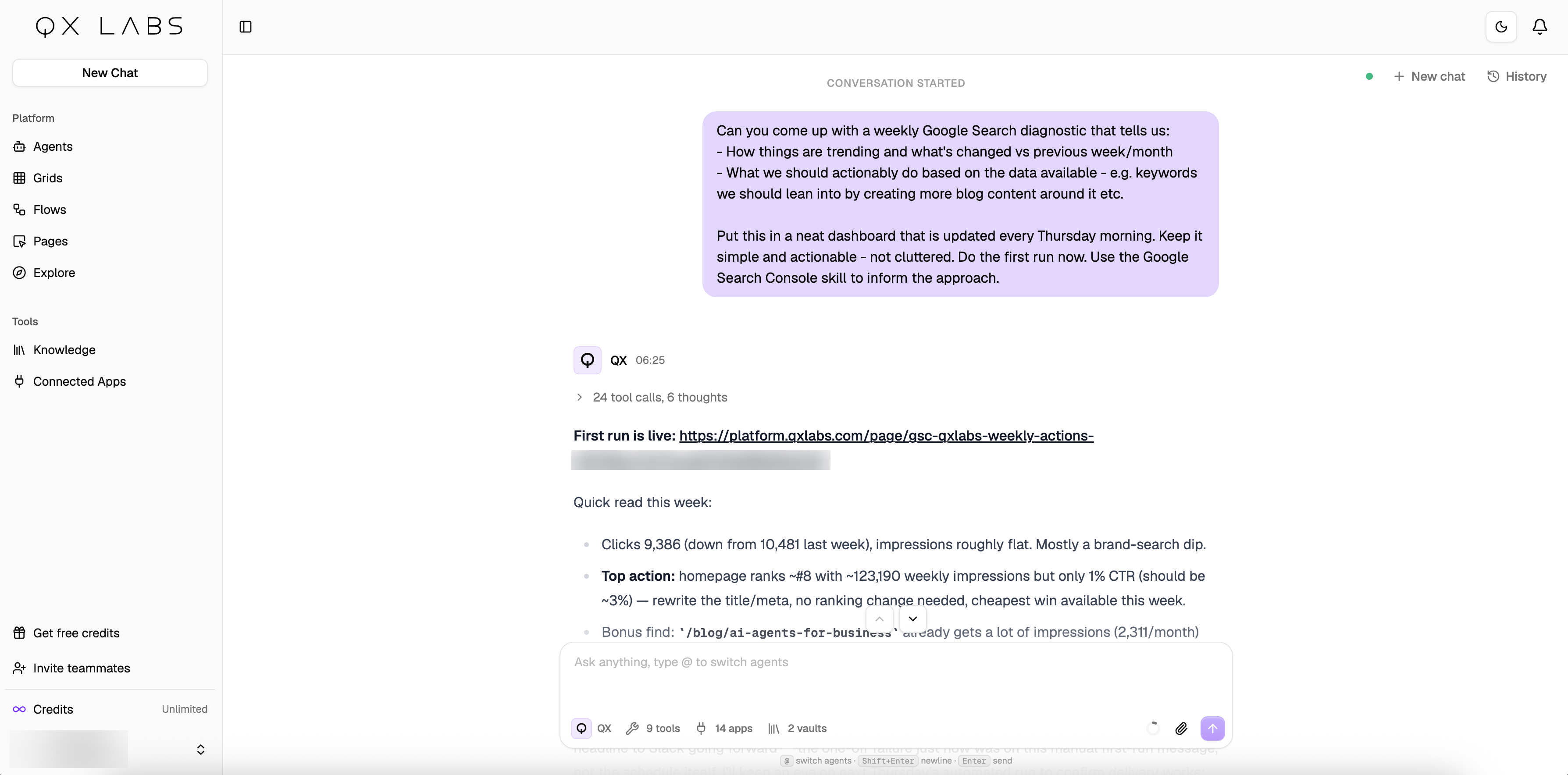 Asking the QX agent for a page in chat, with the link to the finished page