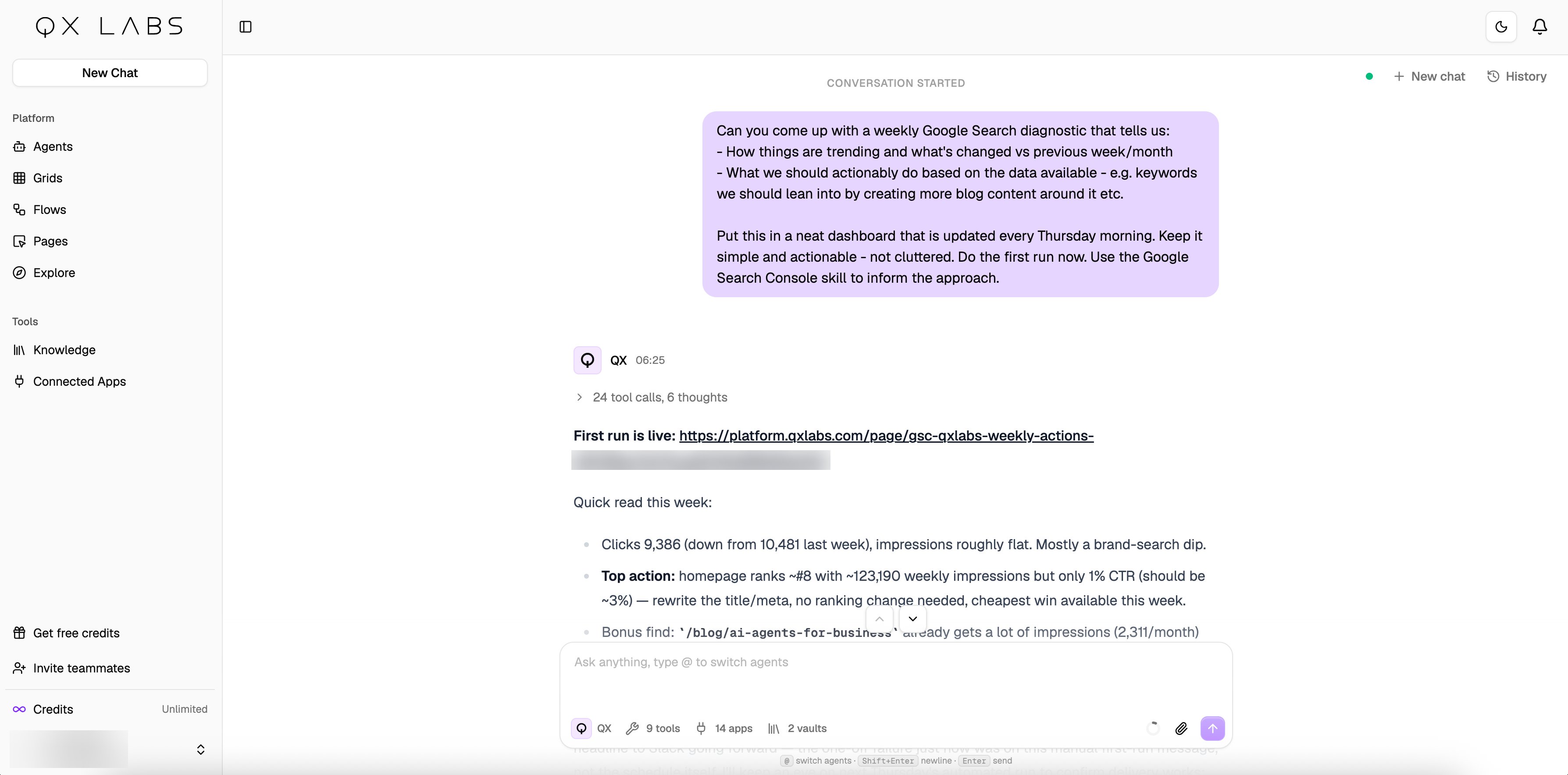Asking the QX agent for a page in chat, with the link to the finished page