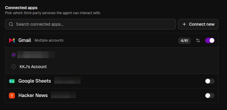 Connected apps section with Gmail expanded to show its accounts
