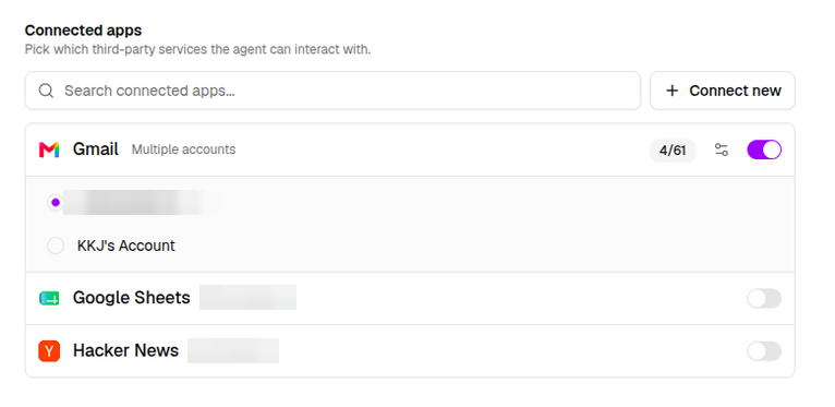 Connected apps section with Gmail expanded to show its accounts