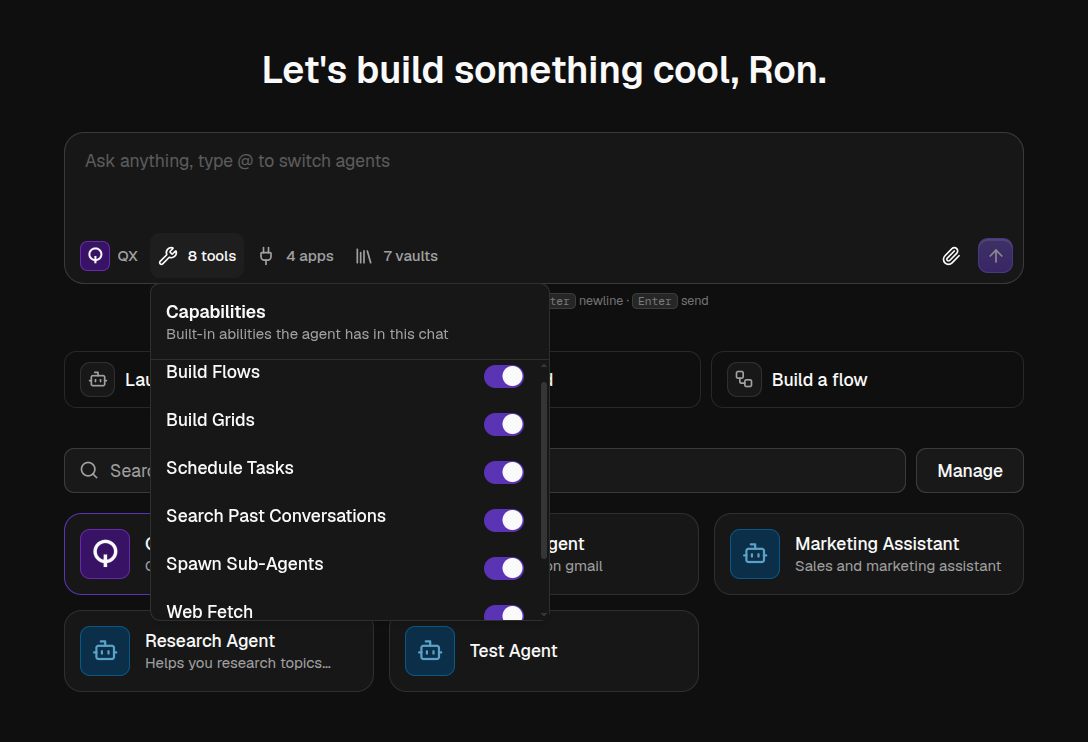 The Capabilities popover with per-ability toggles
