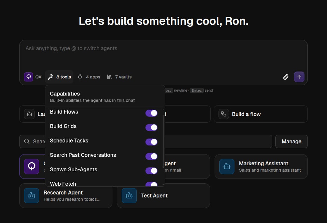 The Capabilities popover with per-ability toggles