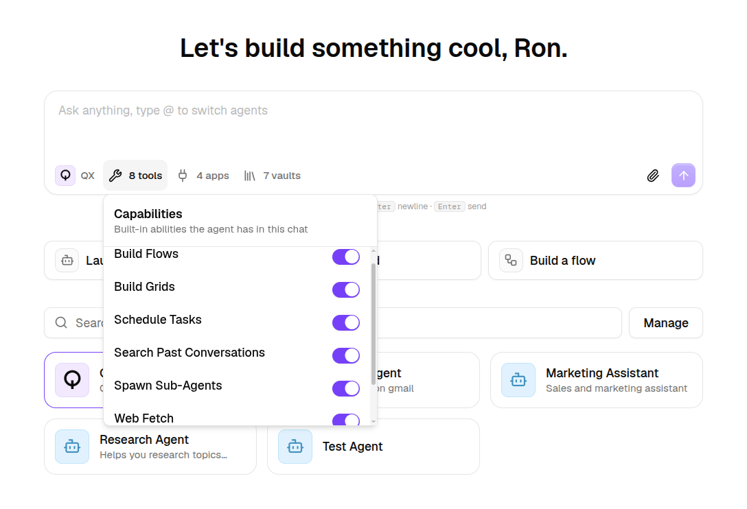 The Capabilities popover with per-ability toggles