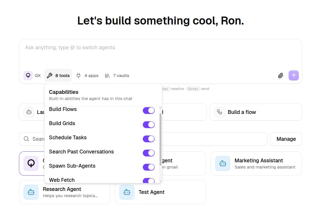 The Capabilities popover with per-ability toggles