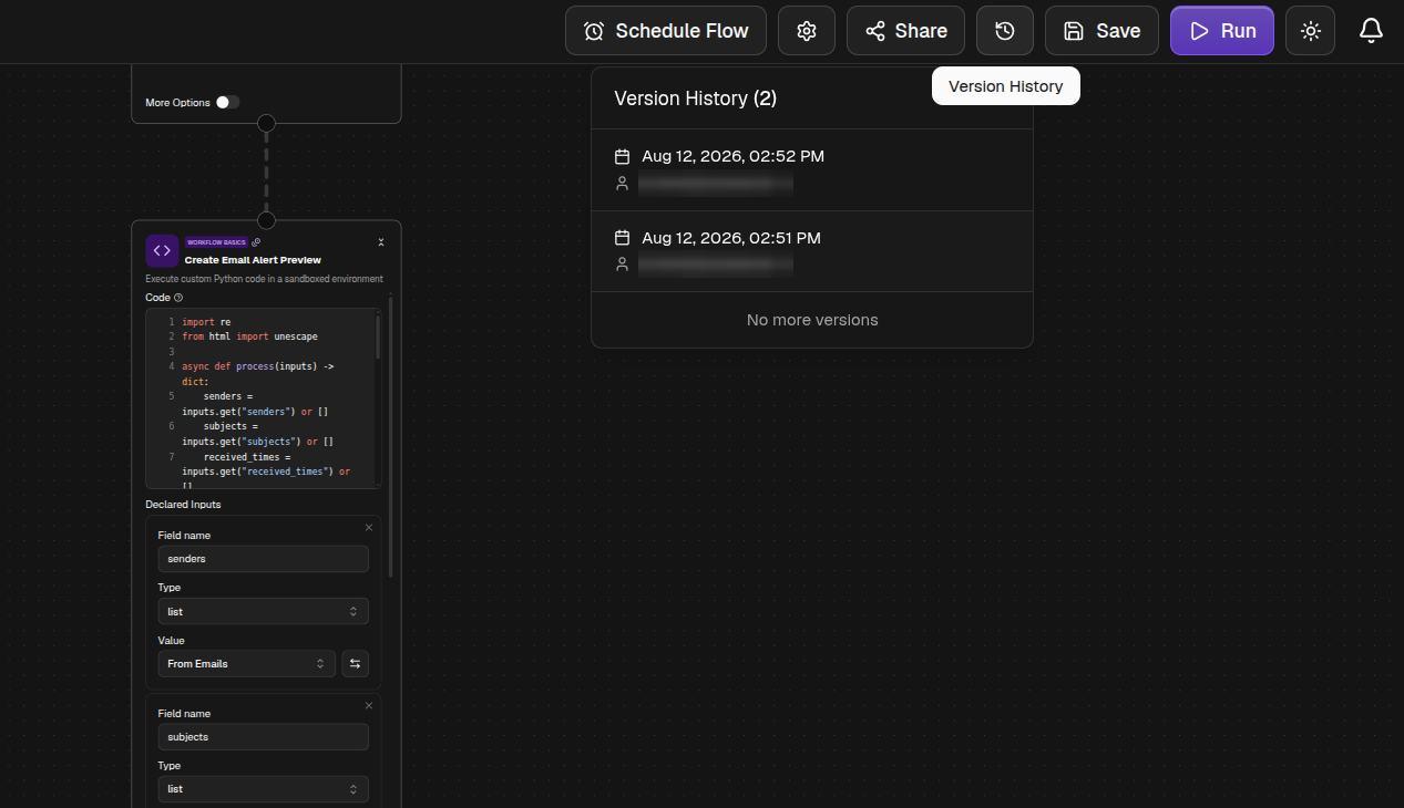 The version history list showing earlier saves of a flow