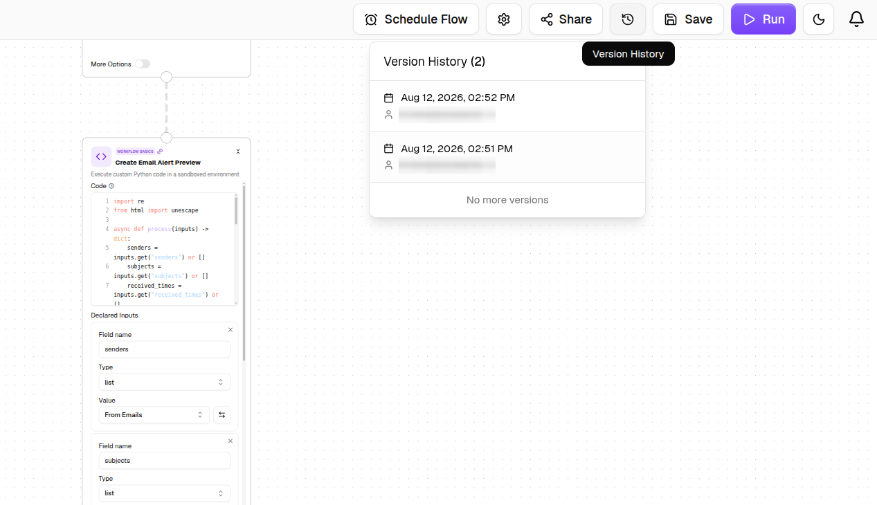 The version history list showing earlier saves of a flow