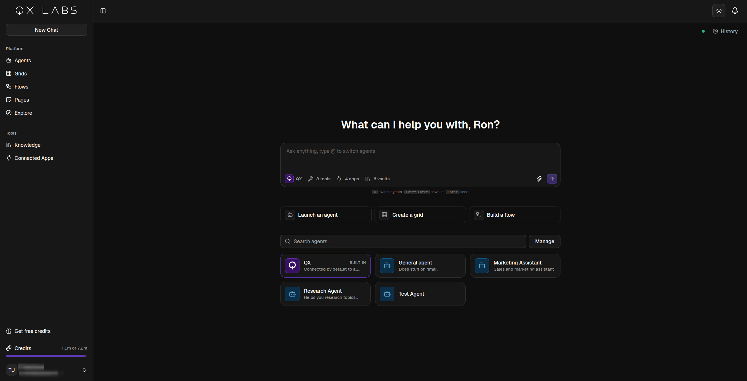 A chat with the QX agent researching competitors, with its steps and sources shown