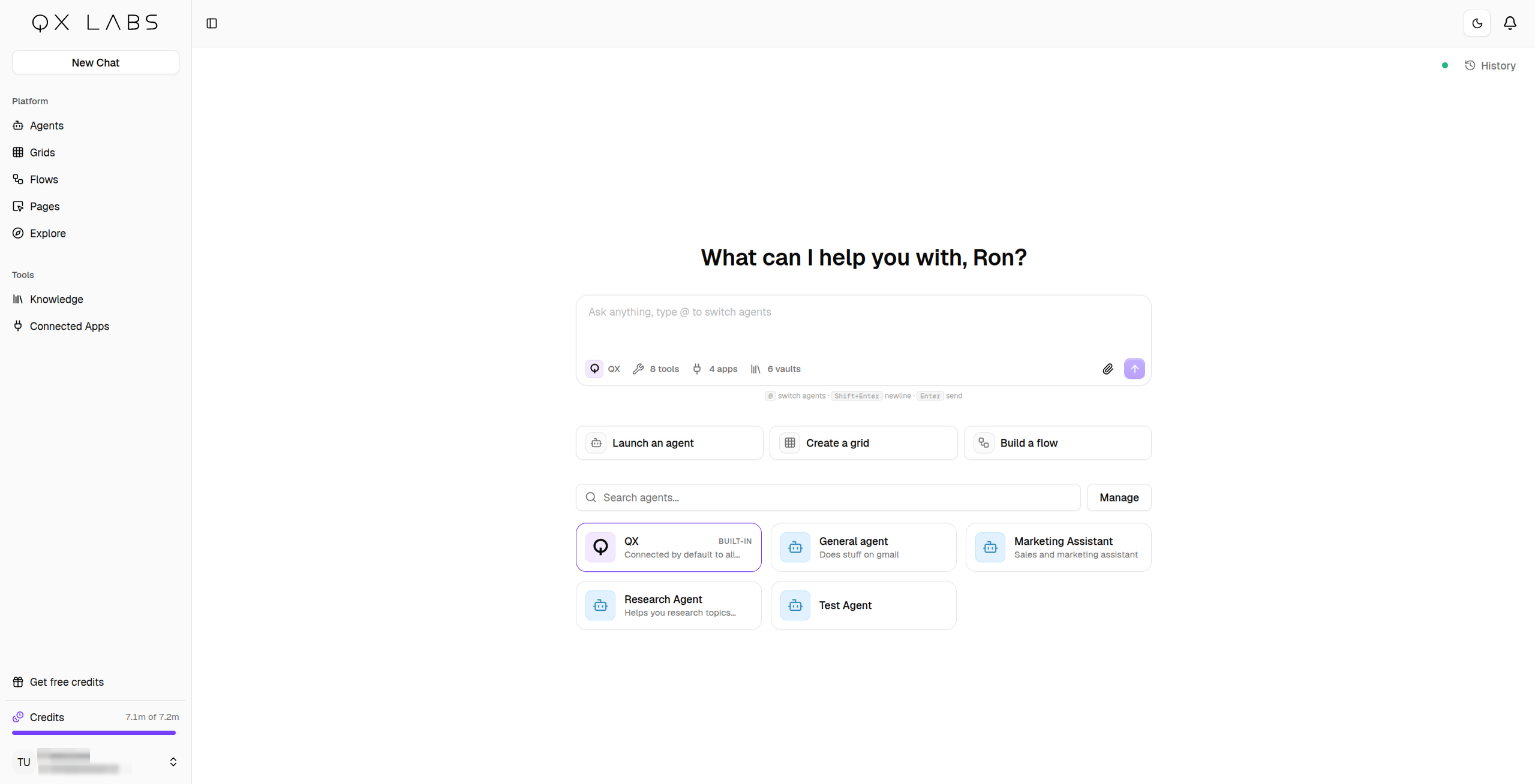 A chat with the QX agent researching competitors, with its steps and sources shown