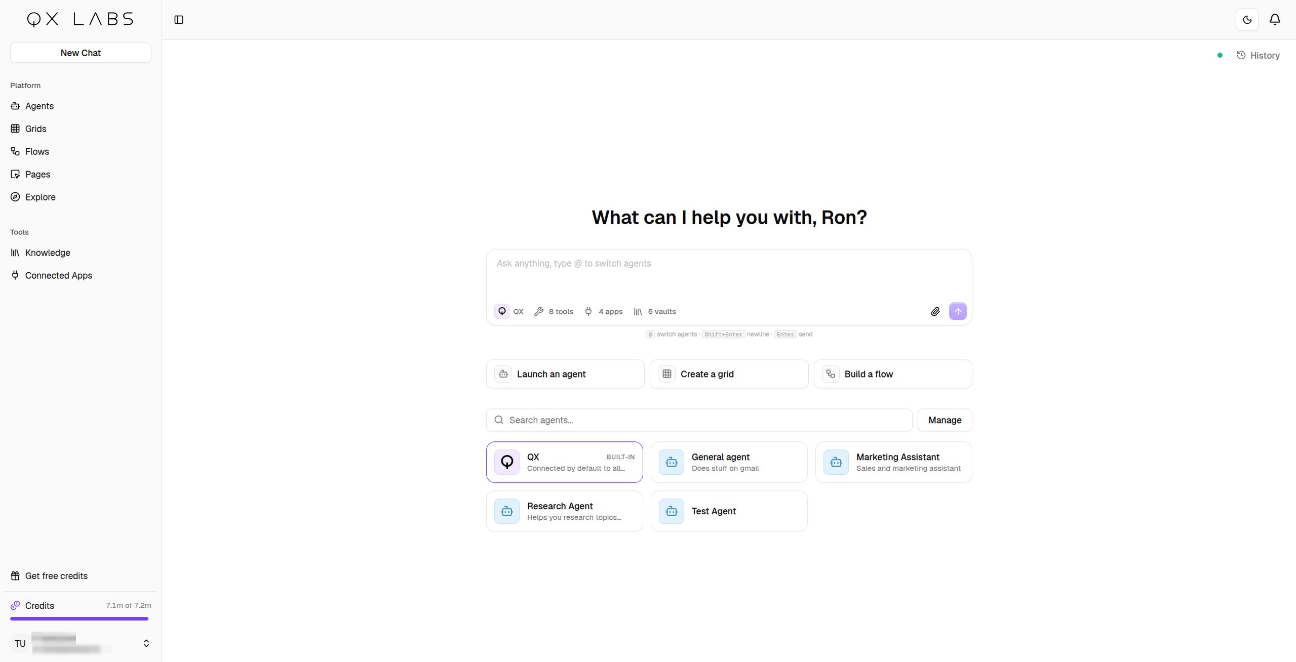 A chat with the QX agent researching competitors, with its steps and sources shown