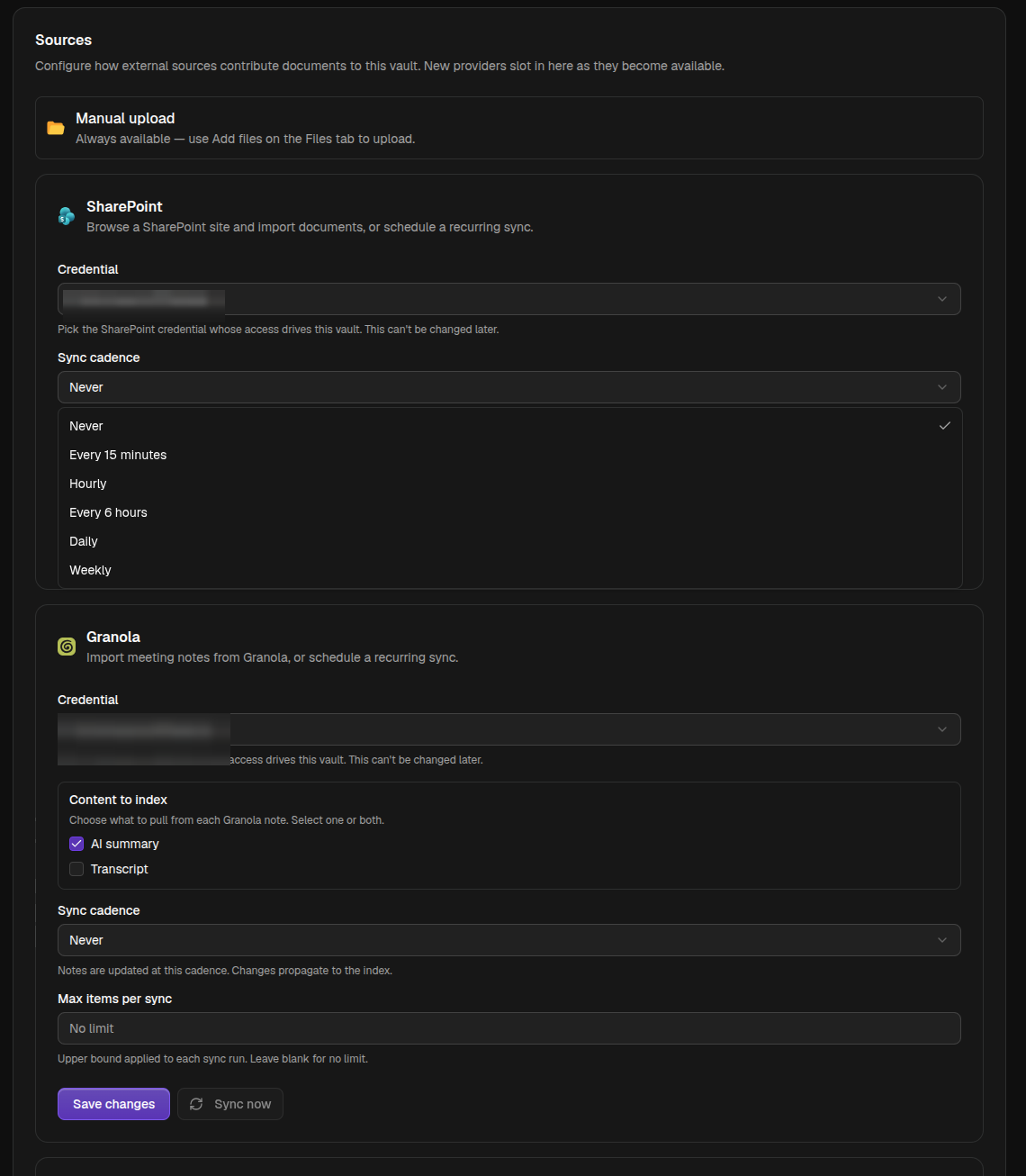 The Sources settings with each source's credential and sync cadence