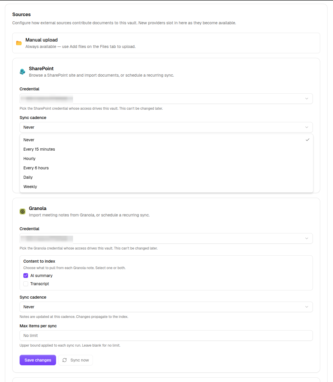 The Sources settings with each source's credential and sync cadence