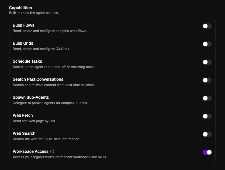 An agent's capability toggles, with the Workspace Access switch below them