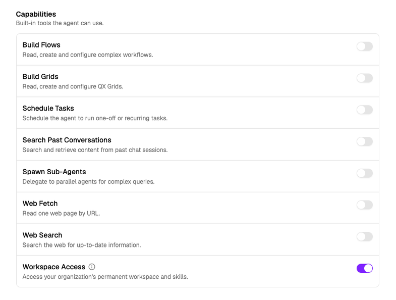 An agent's capability toggles, with the Workspace Access switch below them