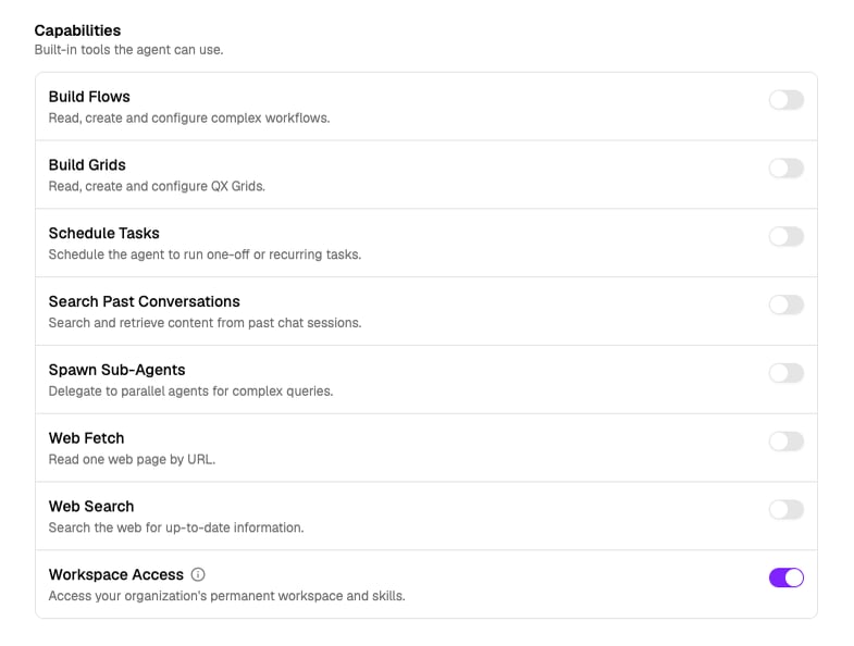 An agent's capability toggles, with the Workspace Access switch below them