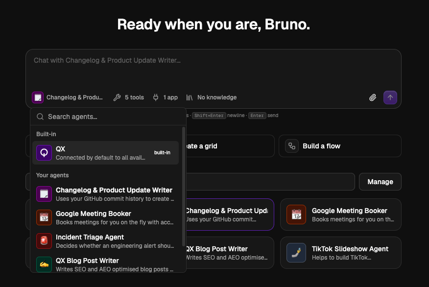 The chat home screen with the agent picker open, listing built-in and your agents