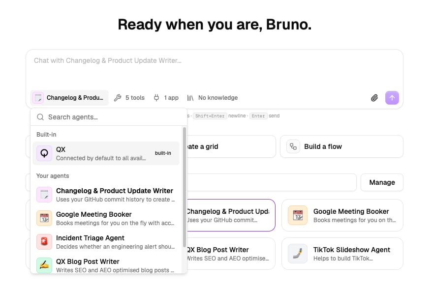 The chat home screen with the agent picker open, listing built-in and your agents
