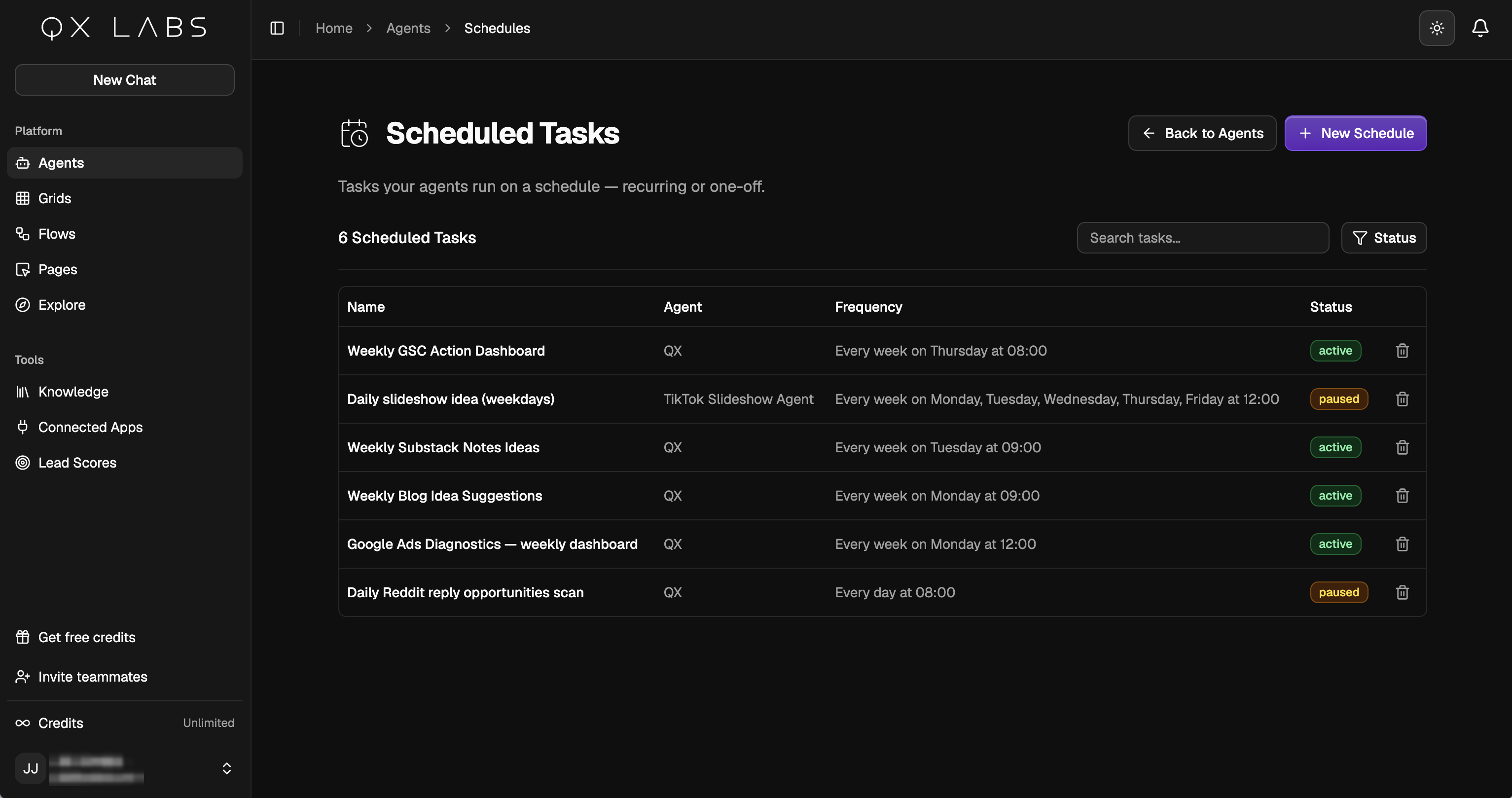 The Scheduled Tasks page listing a schedule with its agent, frequency, and status