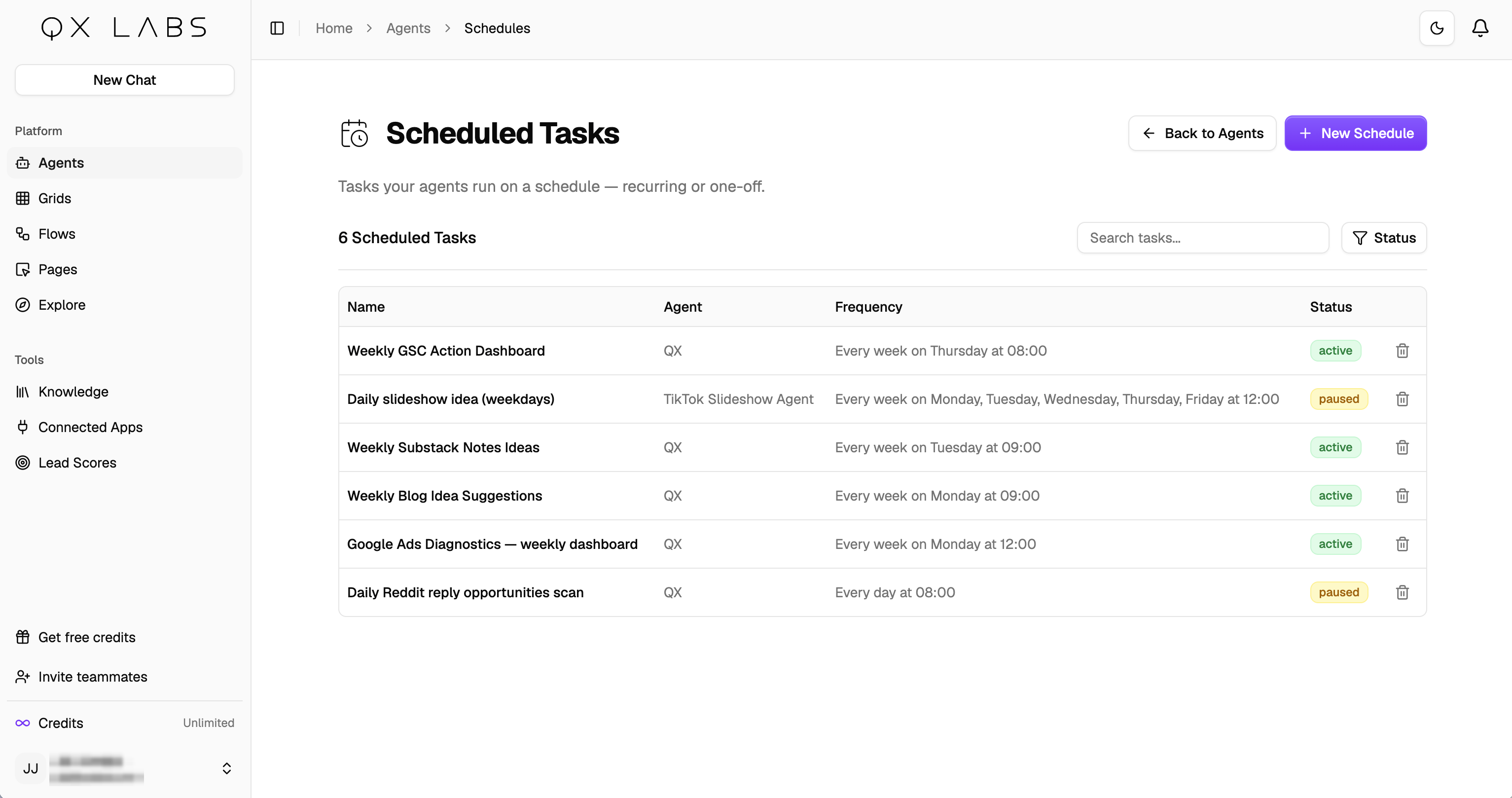 The Scheduled Tasks page listing a schedule with its agent, frequency, and status