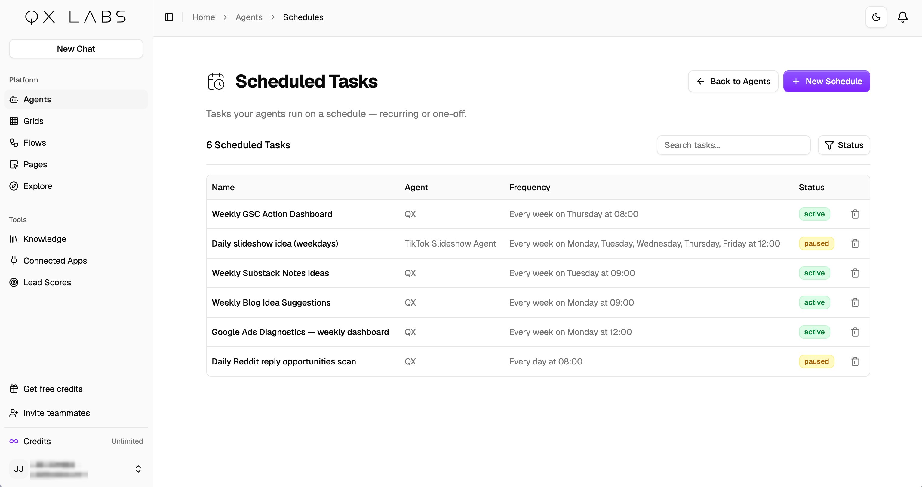 The Scheduled Tasks page listing a schedule with its agent, frequency, and status