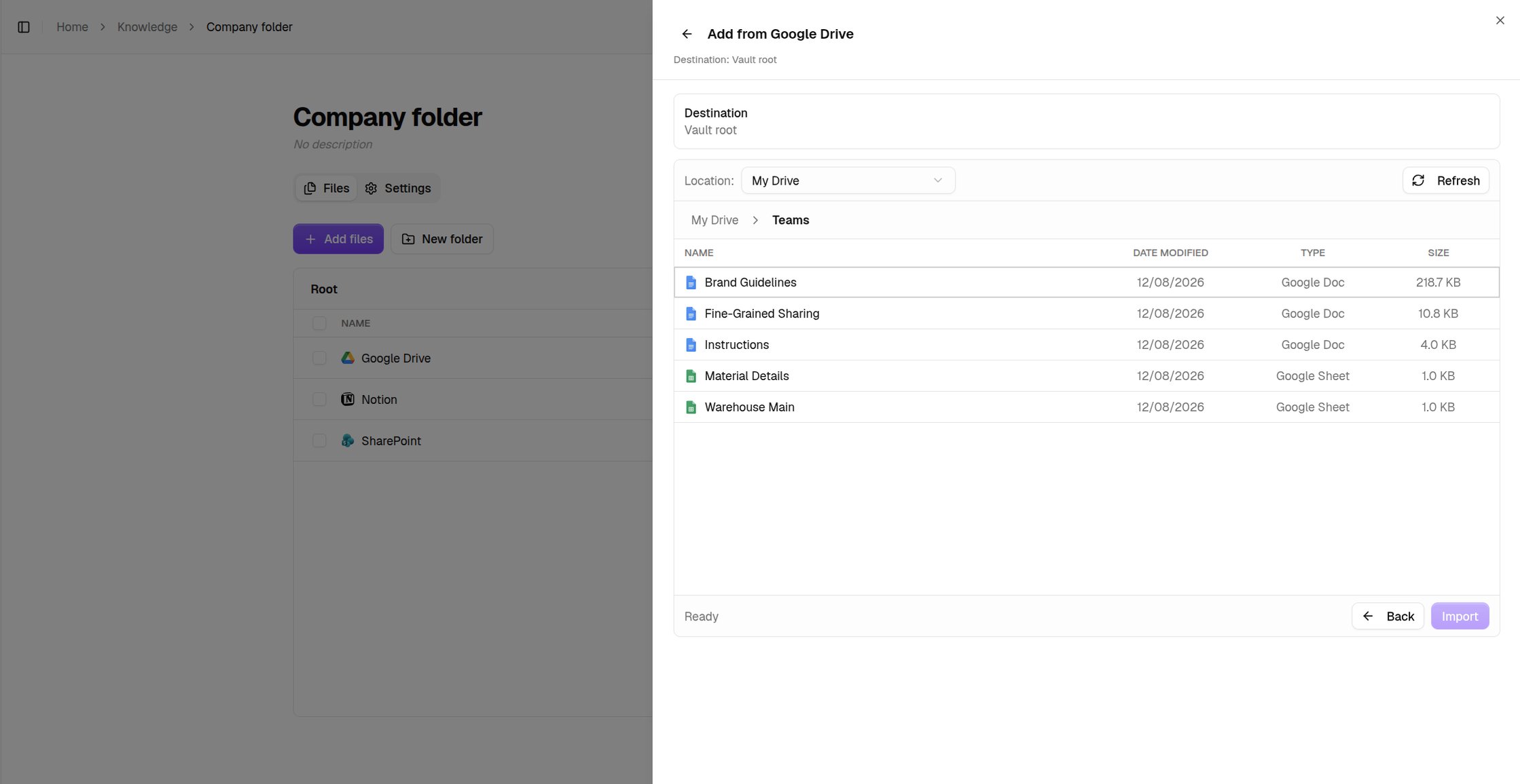 The Google Drive browser with a folder open and its files listed