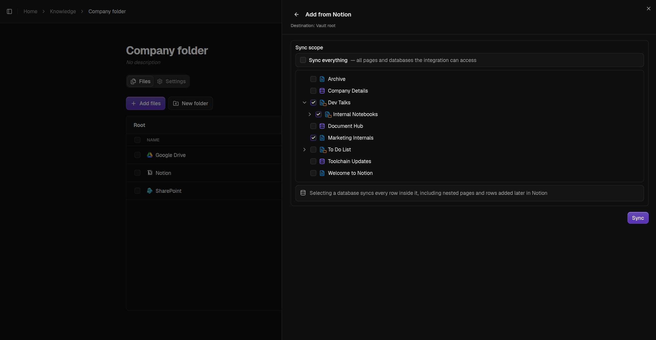 The Notion sync panel with the page and database picker