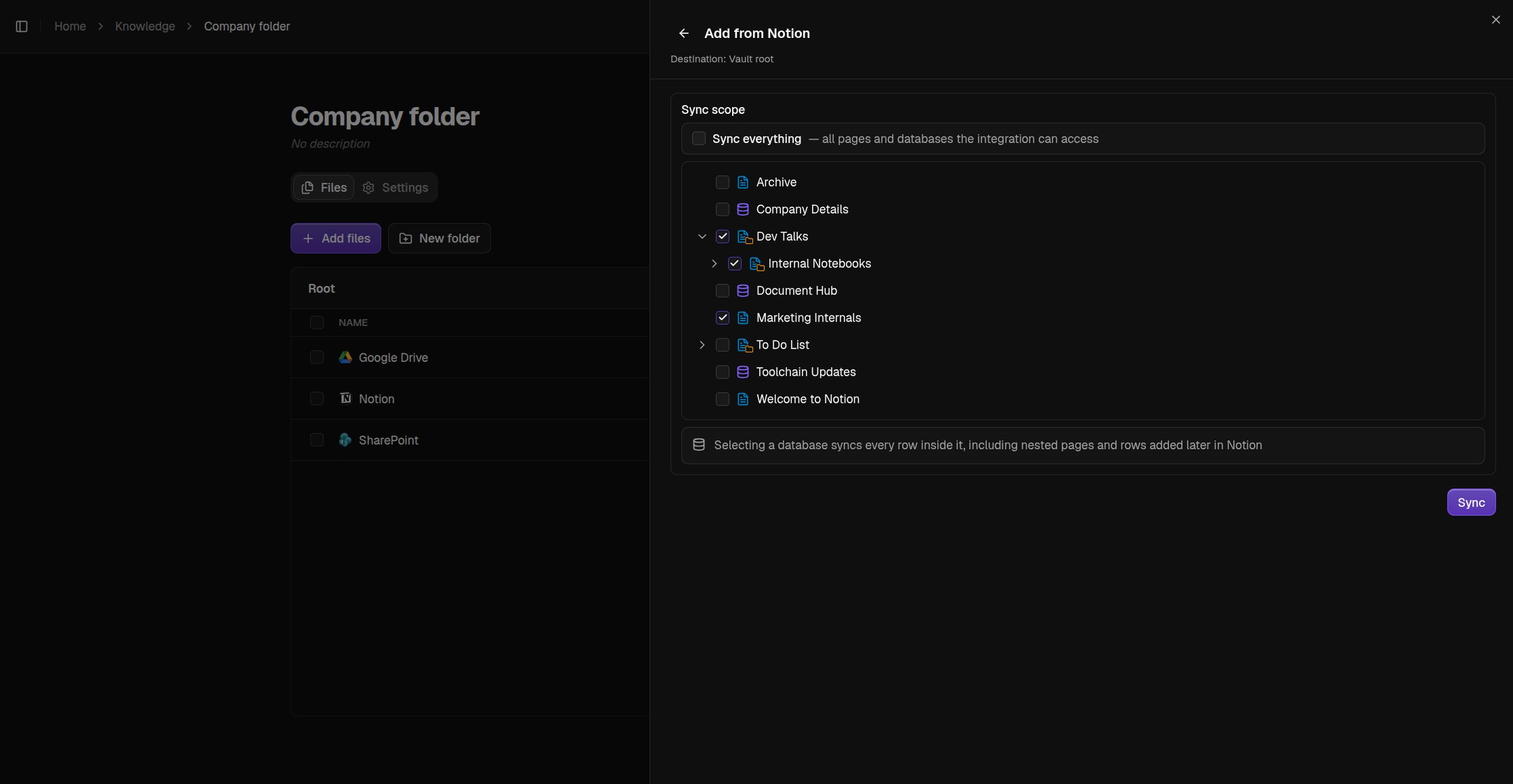The Notion sync panel with the page and database picker