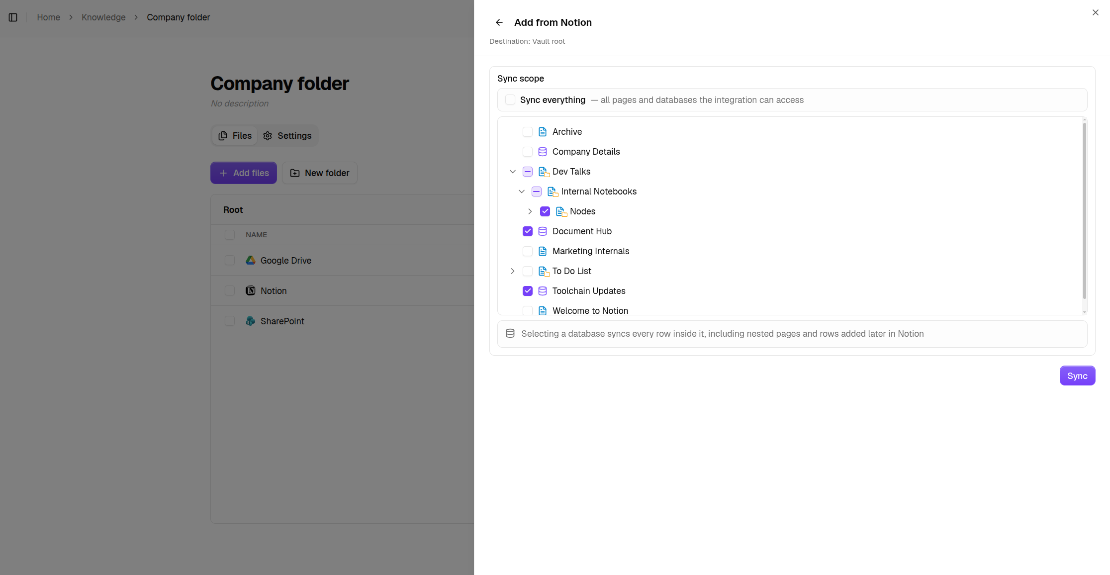 The Notion sync panel with the page and database picker