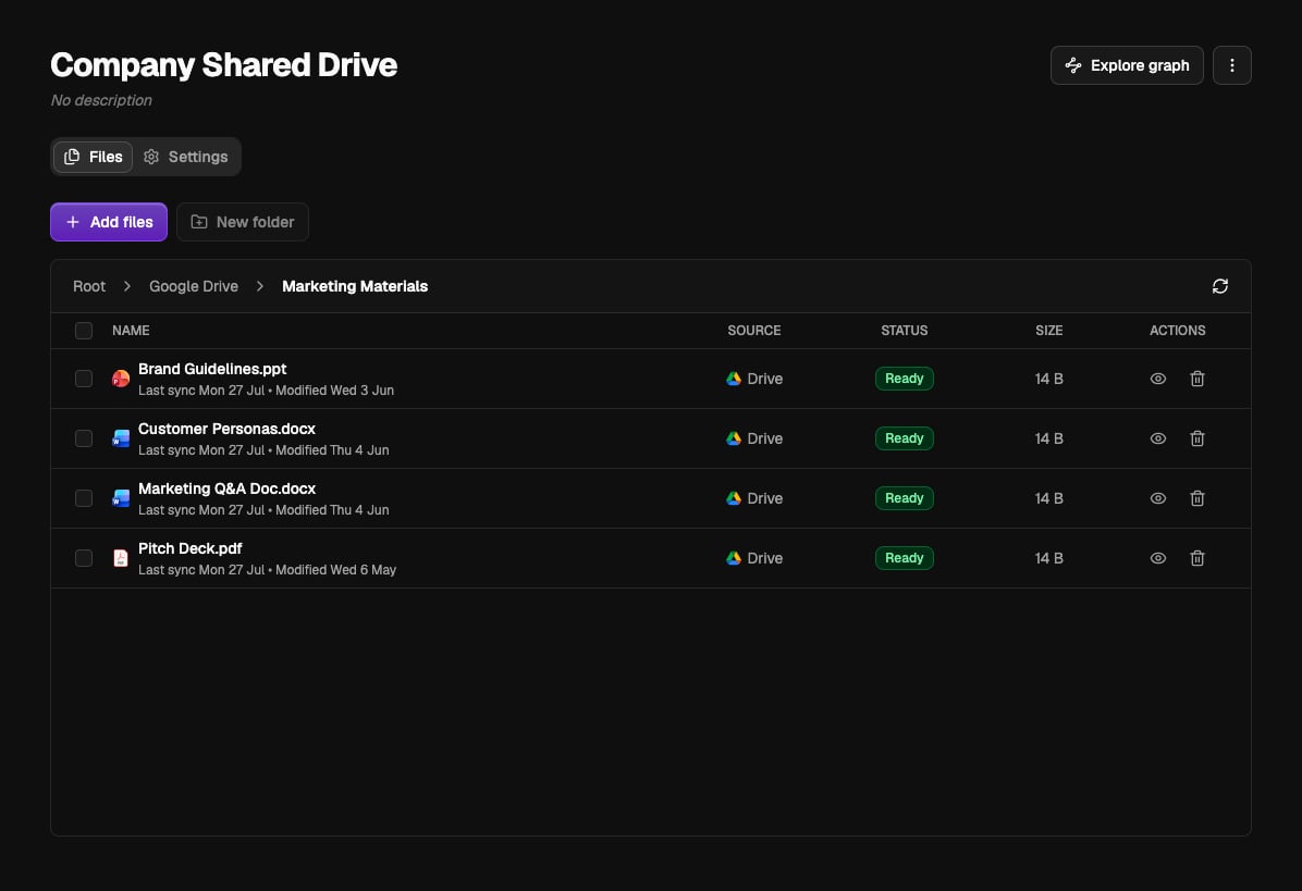 A vault's Files tab showing folders, files, and their statuses