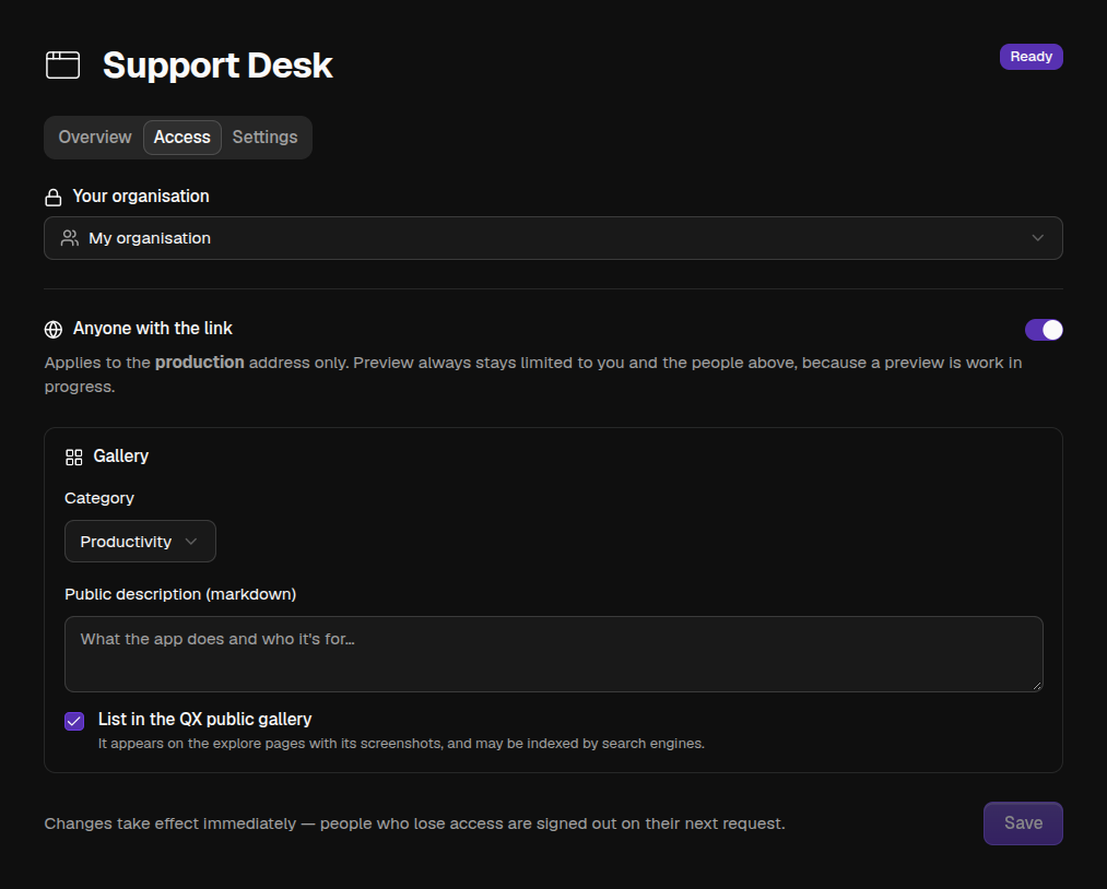 A Space's Access tab, with the sharing menu and the Anyone with the link switch