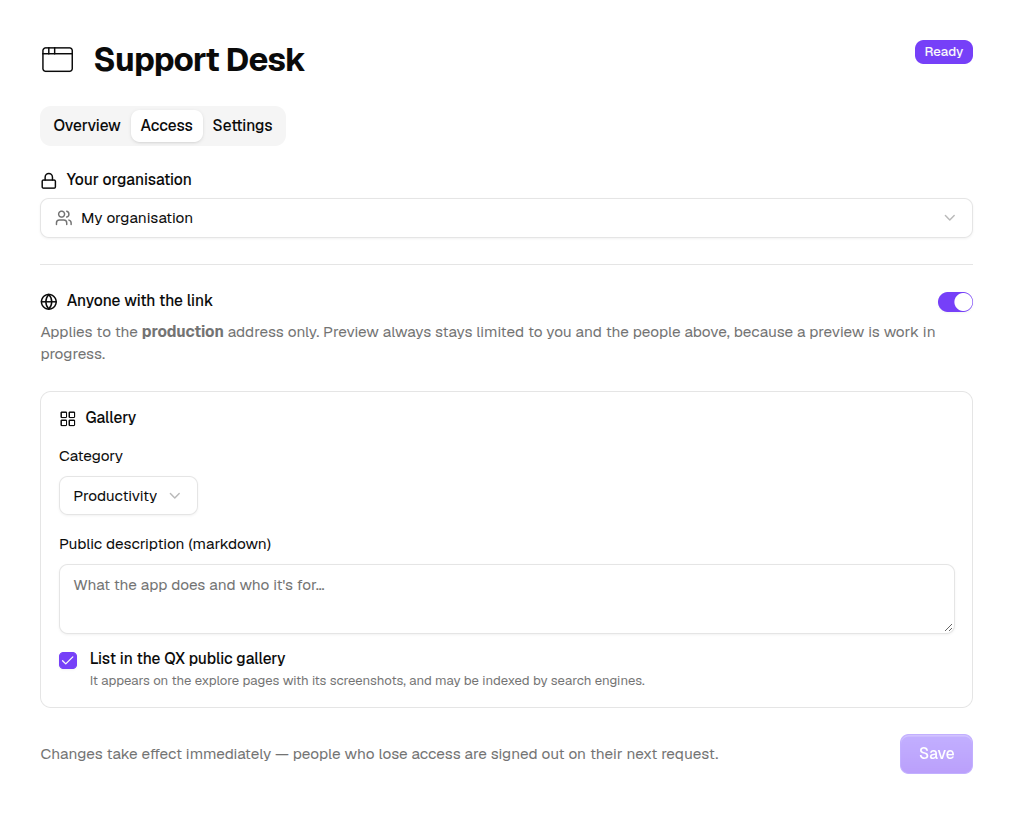 A Space's Access tab, with the sharing menu and the Anyone with the link switch