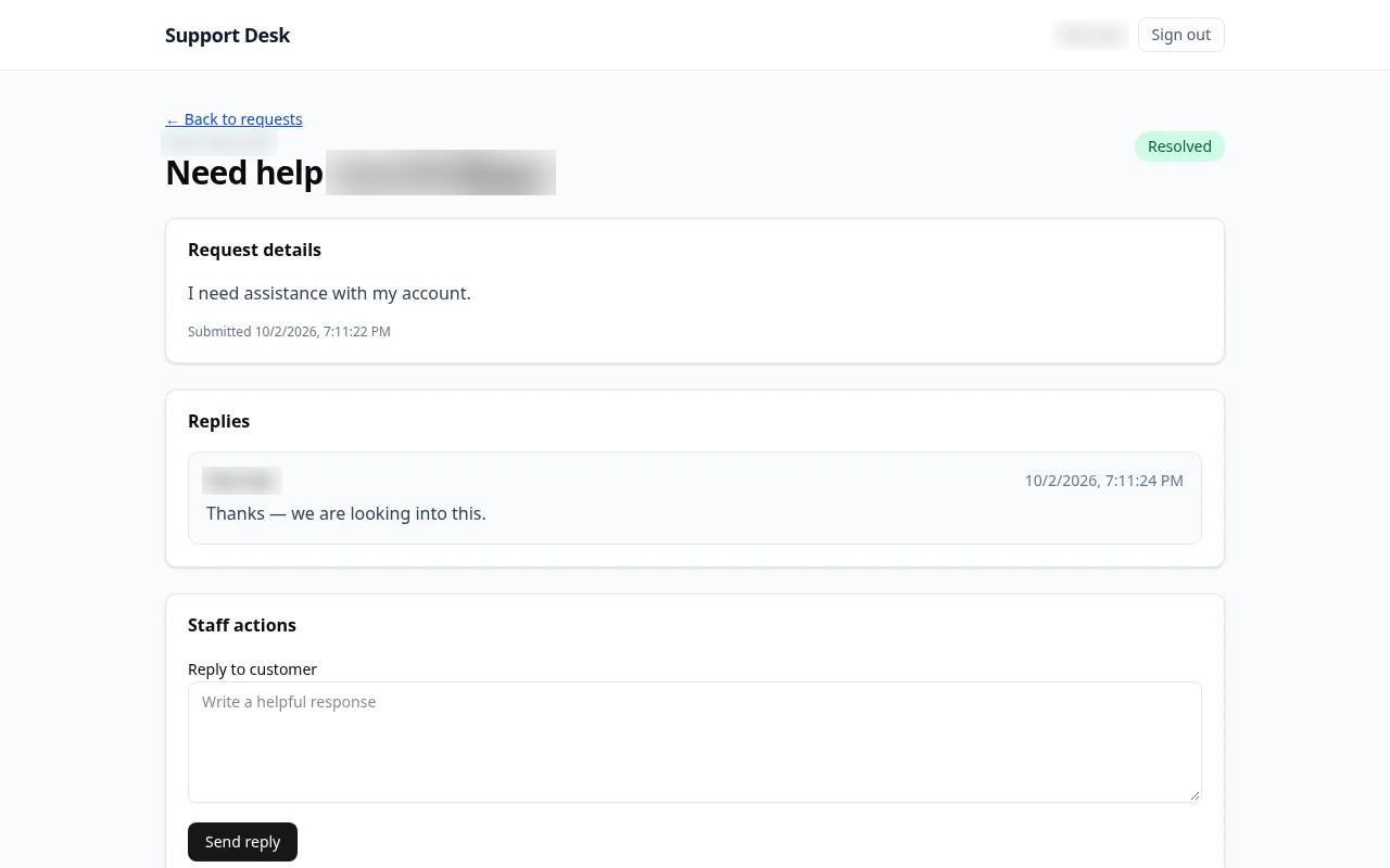 A request in the Support Desk app, with the customer's details and the team's reply