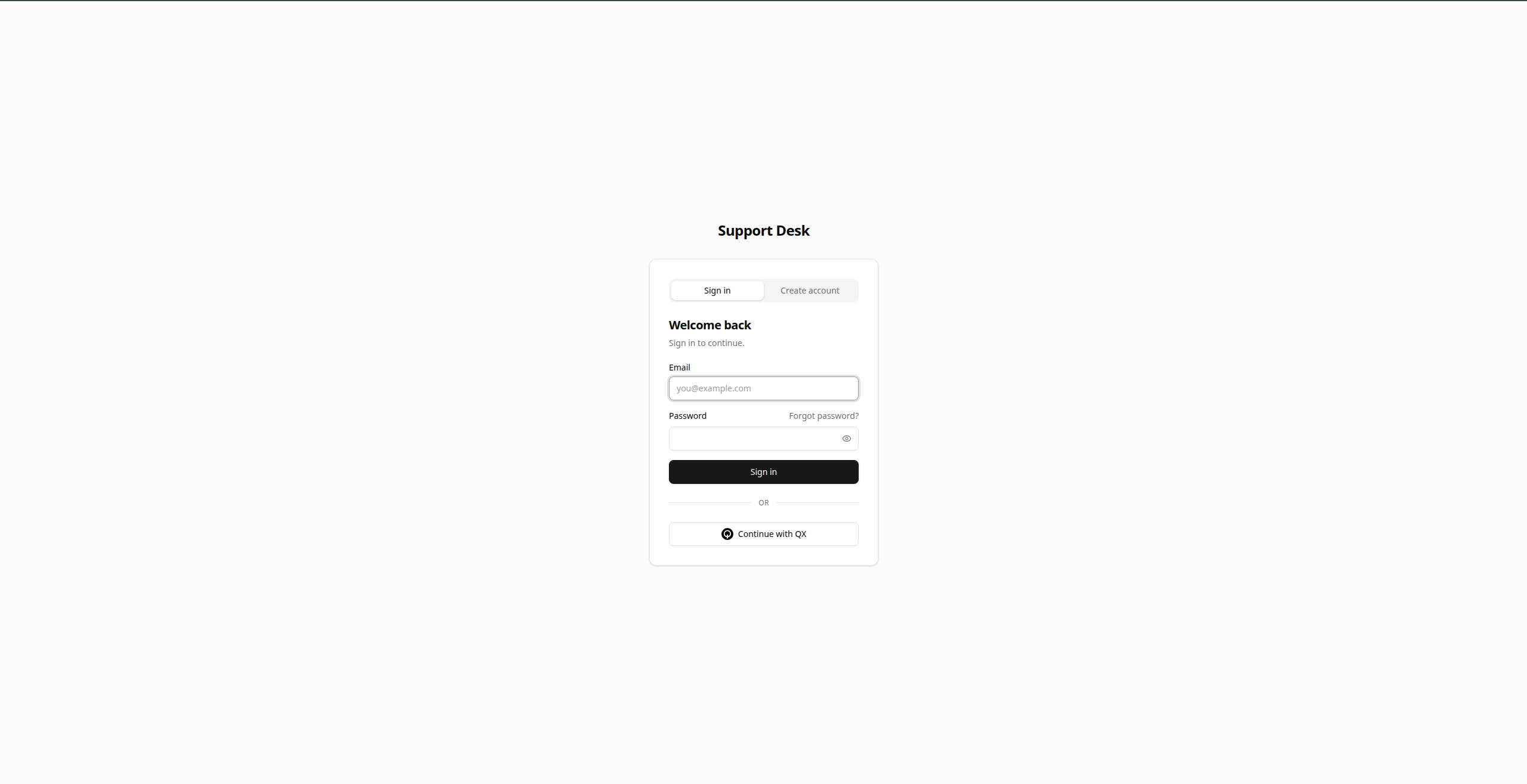 The sign-in page of a Space, with email and password fields and a Continue with QX button