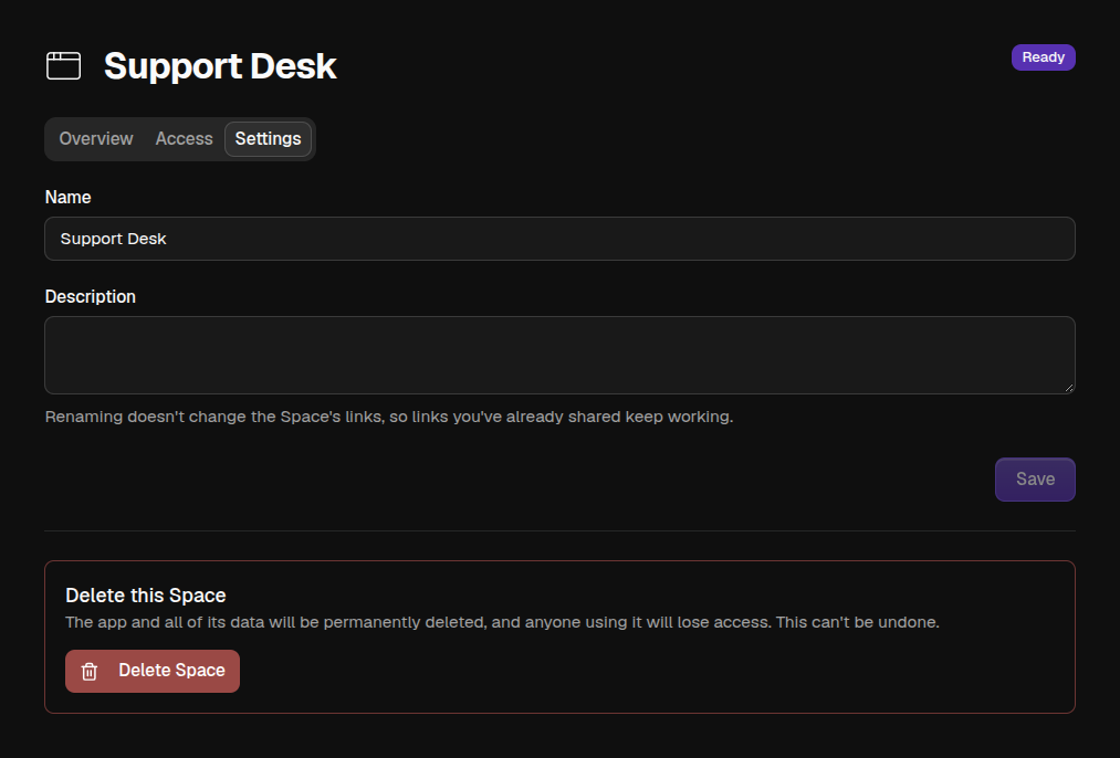 A Space's Settings tab, with its name, description, and the Delete Space button