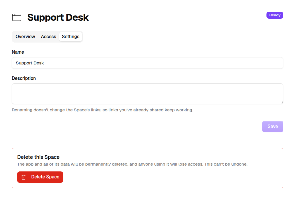 A Space's Settings tab, with its name, description, and the Delete Space button